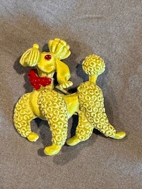Vintage JJ Poodle Brooch Gold Tone Enamel Dog Pin Red Rhinestone Eye